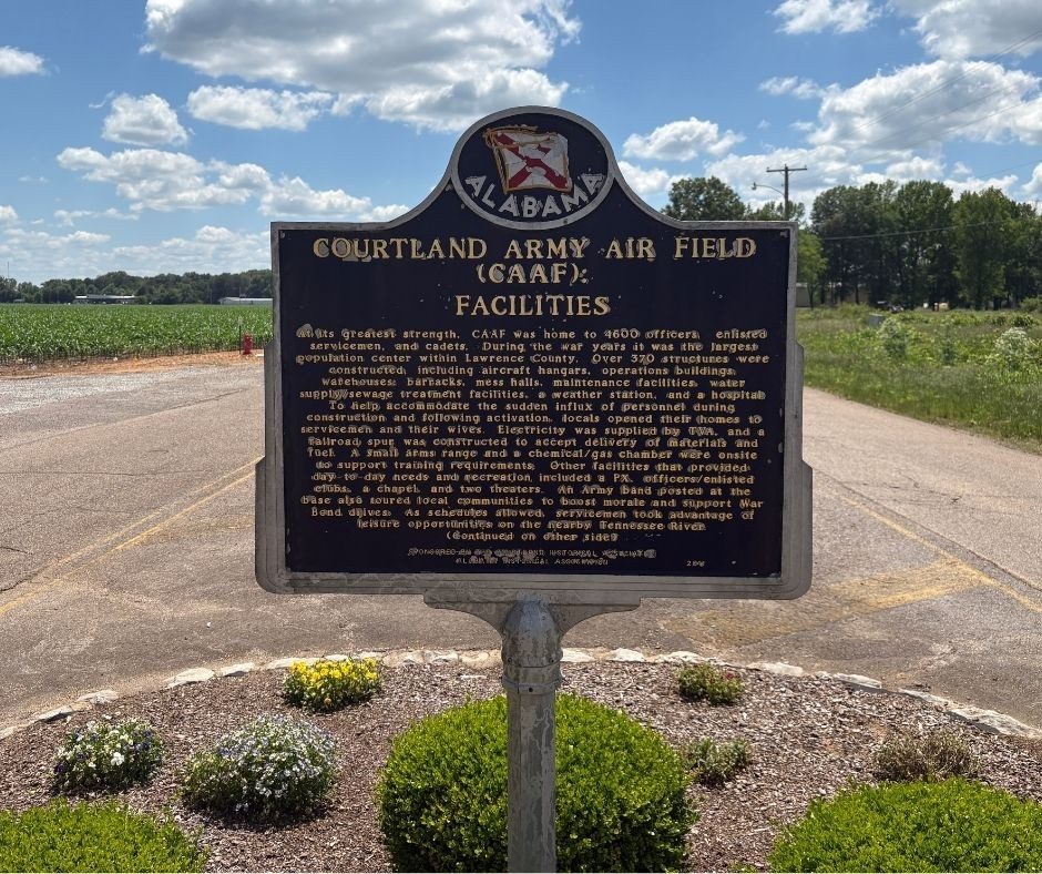The historical marker for the Courtland Army Air Field, which sits just outside the Lockheed Martin campus in Courtland, Alabama.